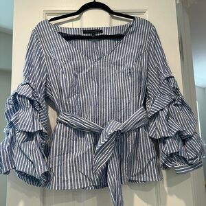 White House Black Market Blue and White Striped Wrap Blouse